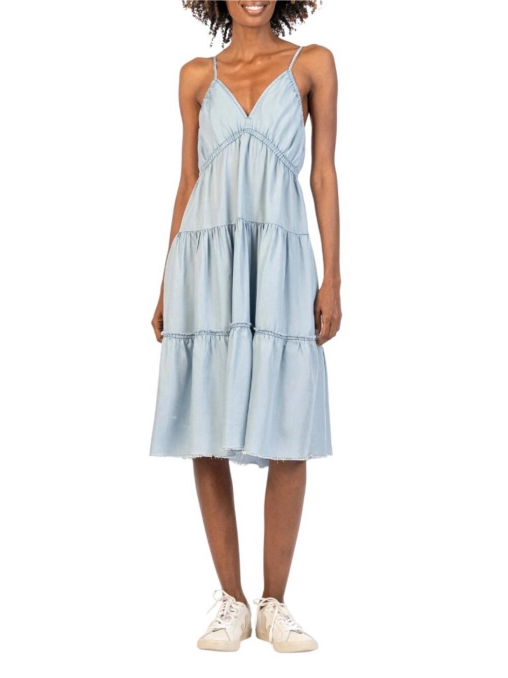 Kut from the Kloth Light Blue Tiered Spaghetti-Strap Midi Dress medium